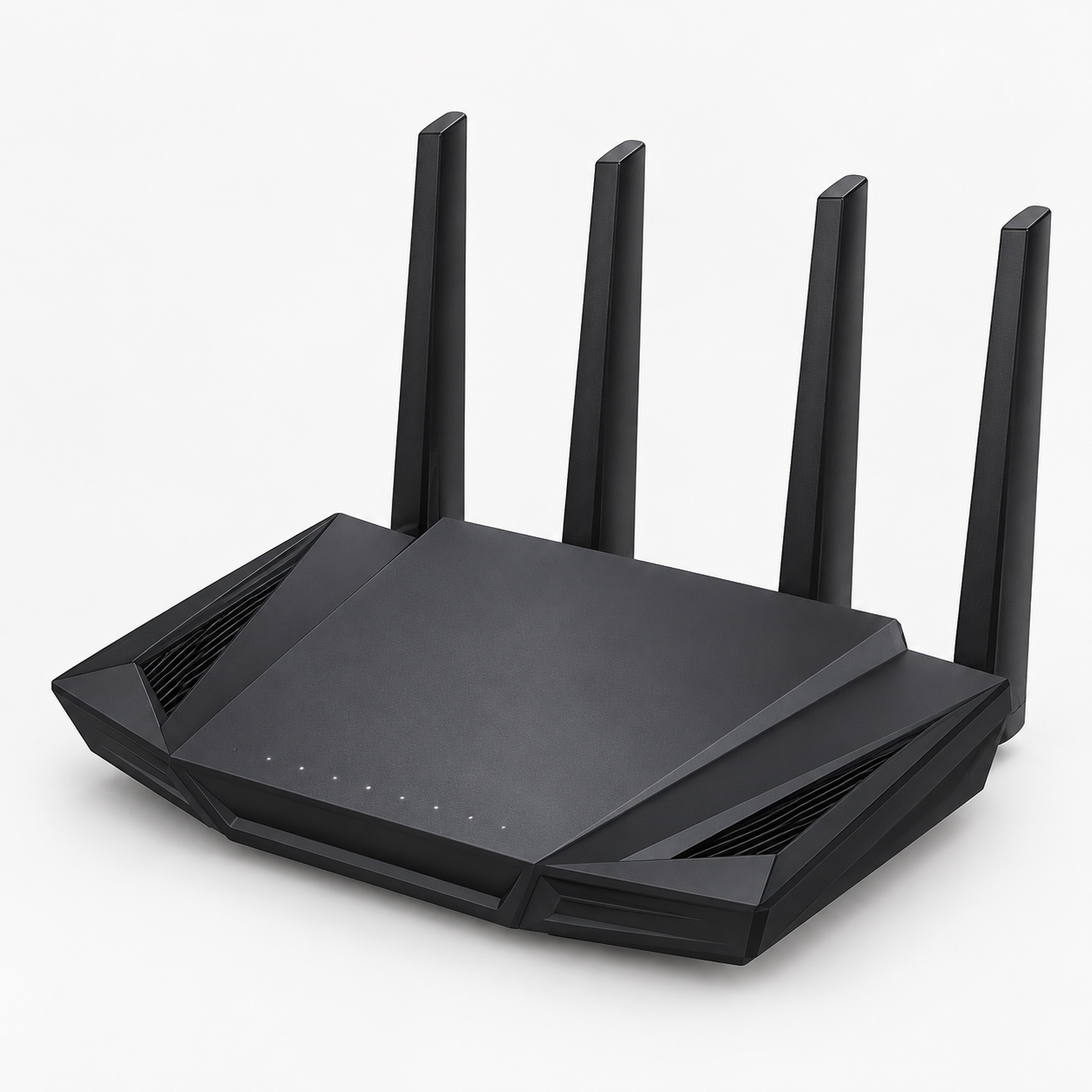 Editorial illustration of ASUS RT-AX58U V2, black, qualified by exact V2 technical manual plus UK V2-inclusive specification page; visible model recognition only, not a technical or complete-pack diagram.