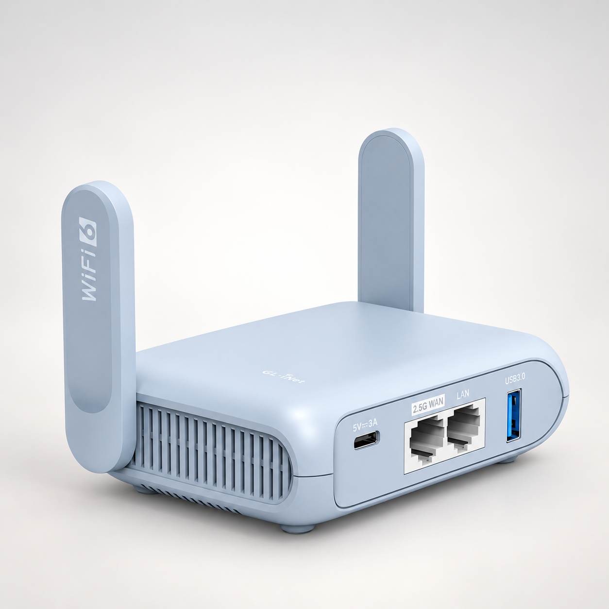 Editorial illustration of GL.iNet Beryl AX GL-MT3000, blue-grey; visible model recognition only, not a technical or complete-pack diagram.