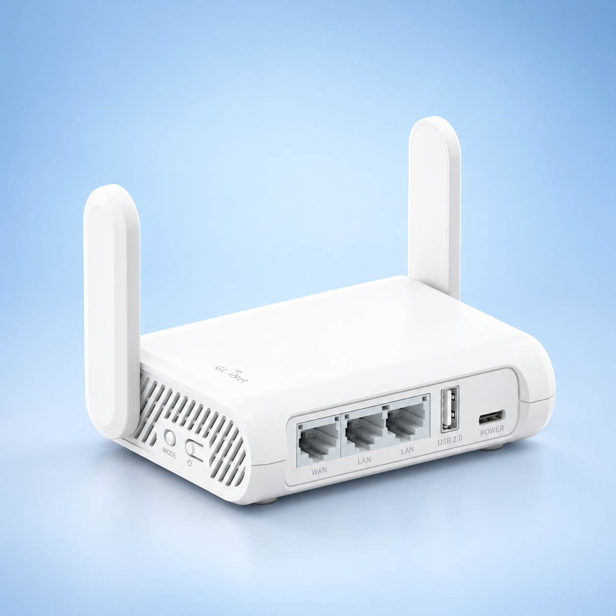 Editorial illustration of GL.iNet Opal GL-SFT1200, white; visible model recognition only, not a technical or complete-pack diagram.