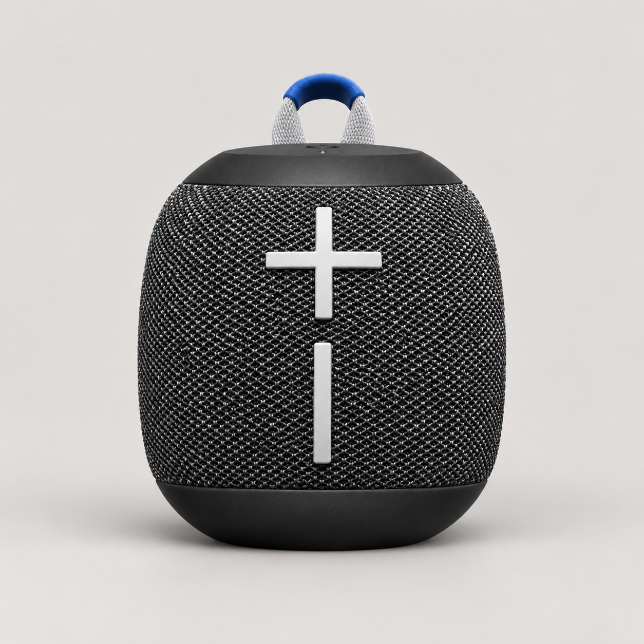 Editorial illustration of Ultimate Ears WONDERBOOM 3, black/grey with pale volume symbols and blue-tipped pale hanging loop; visible model recognition only, not a technical or complete-pack diagram.