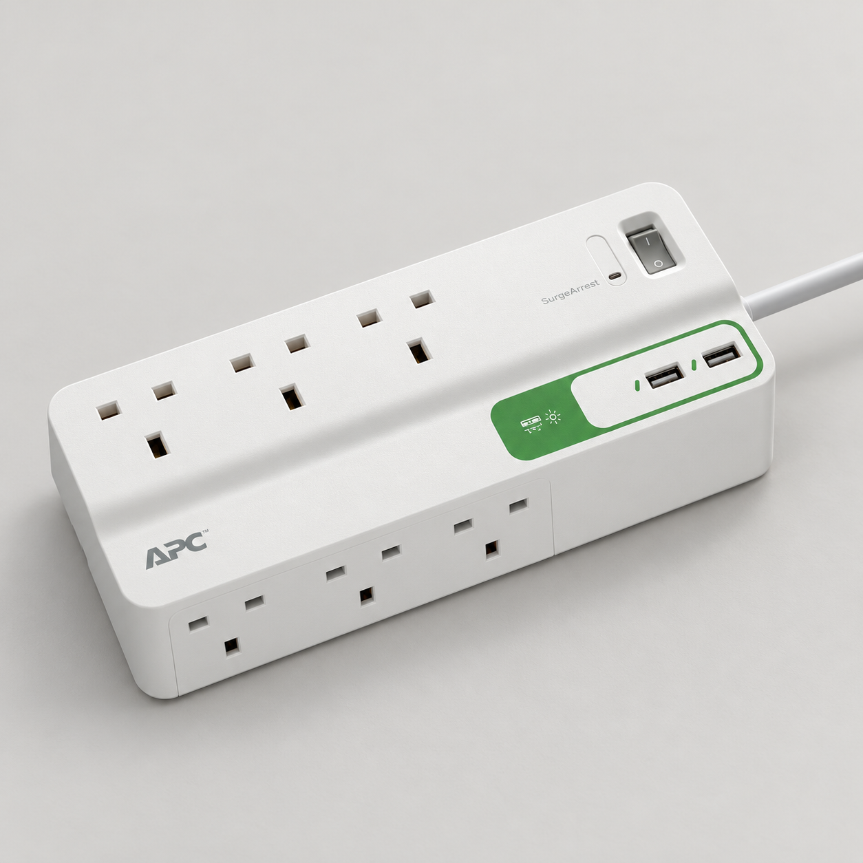 Editorial illustration of APC Performance SurgeArrest PM6U-UK, white UK six-outlet/two-USB strip; visible model recognition only, not a technical or complete-pack diagram.
