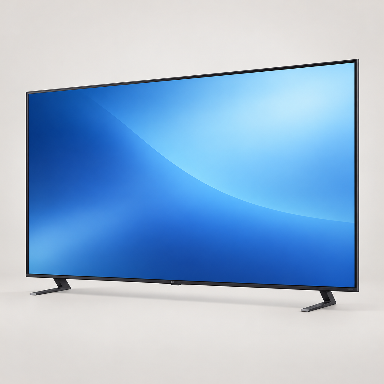 Editorial illustration of the LG 75QNED85T6C television with two separated angled feet and original blue screen artwork.