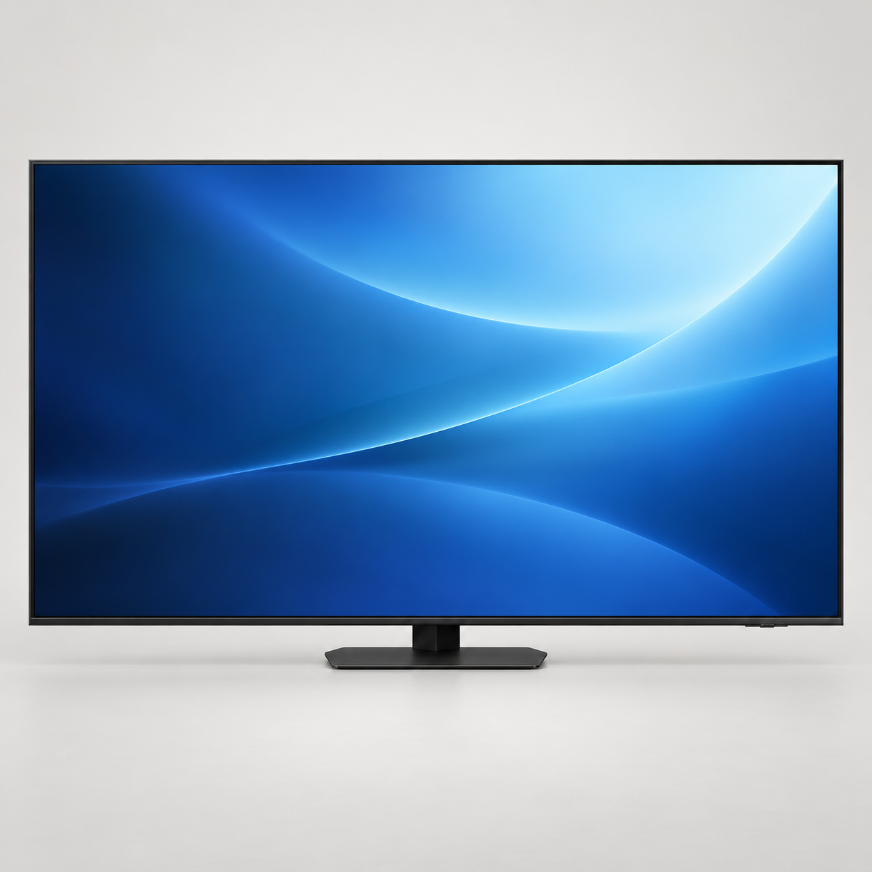 Editorial illustration of the Samsung QE75QN90D television with a central angular pedestal and original blue screen artwork.