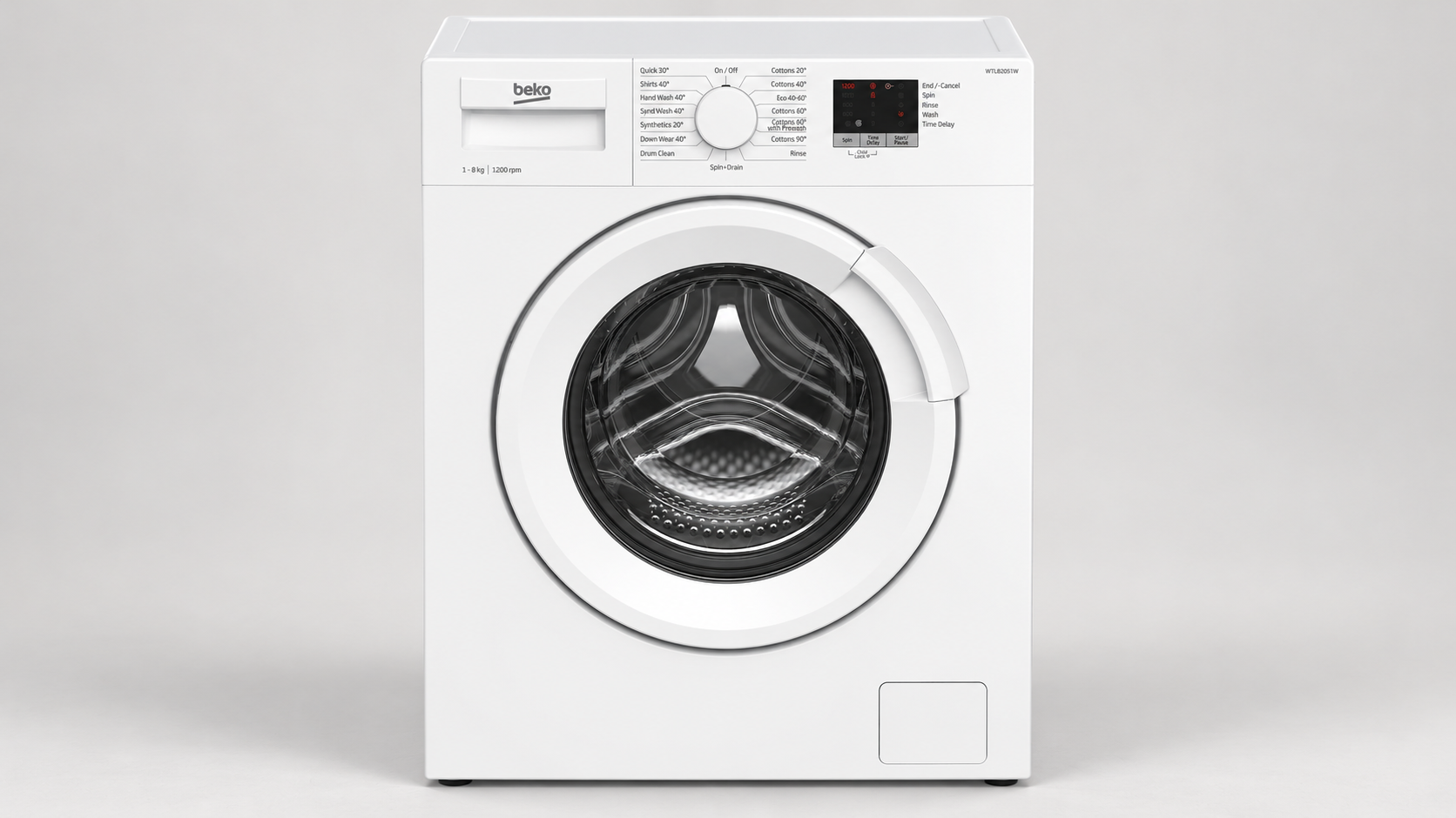 Editorial illustration of Beko WTL82051W 8kg Washing Machine; visible model recognition only, not a technical or complete-pack diagram.