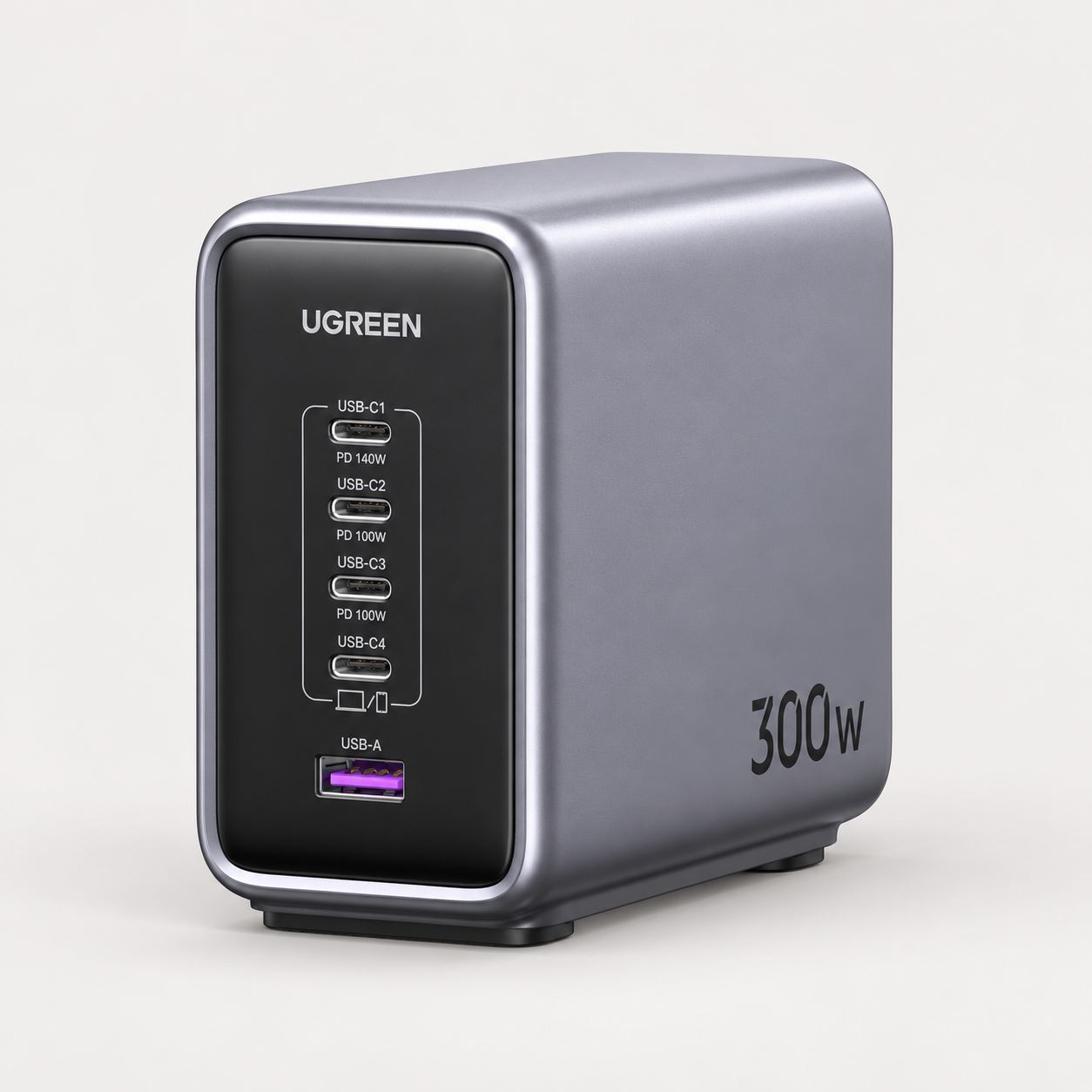 Editorial illustration of UGREEN Nexode 300W 5-port desktop charger, SKU 45700; visible model recognition only, not a technical or complete-pack diagram.