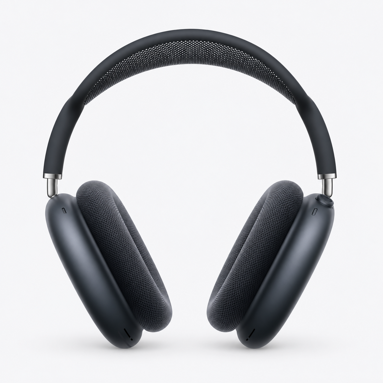 Editorial illustration of one pair of Apple AirPods Max 2 Midnight headphones with a mesh headband and rounded rectangular earcups.