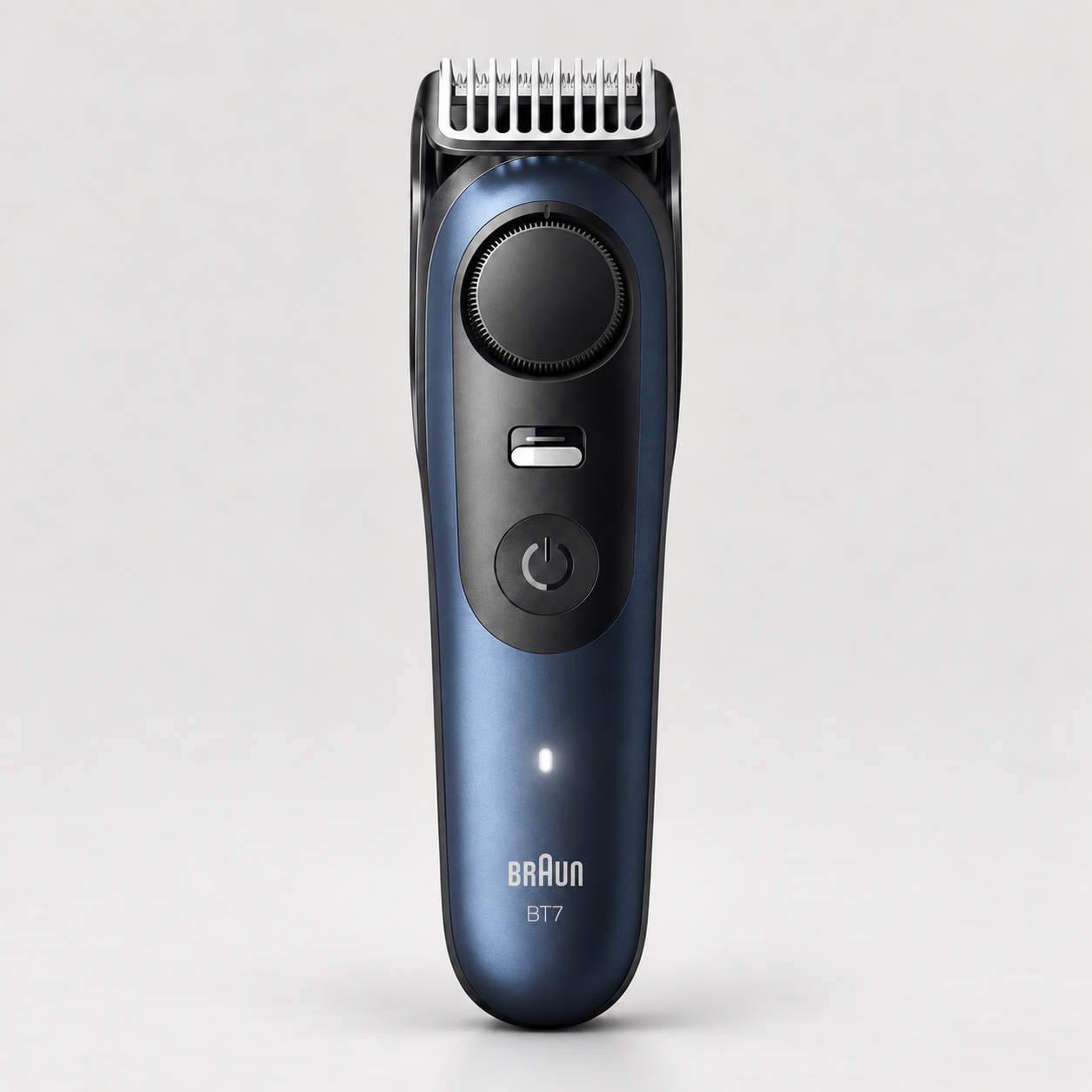 Editorial illustration of the Braun BT7540 Deep Blue beard trimmer with adjustment-wheel setting markings intentionally omitted.