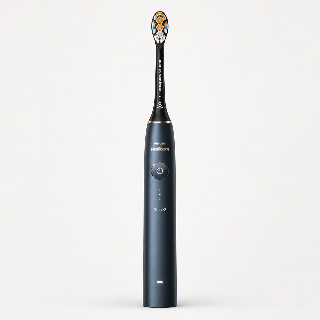 Editorial illustration of the Philips HX9992/12 Midnight Blue toothbrush handle and oval brush head; accessories not shown.