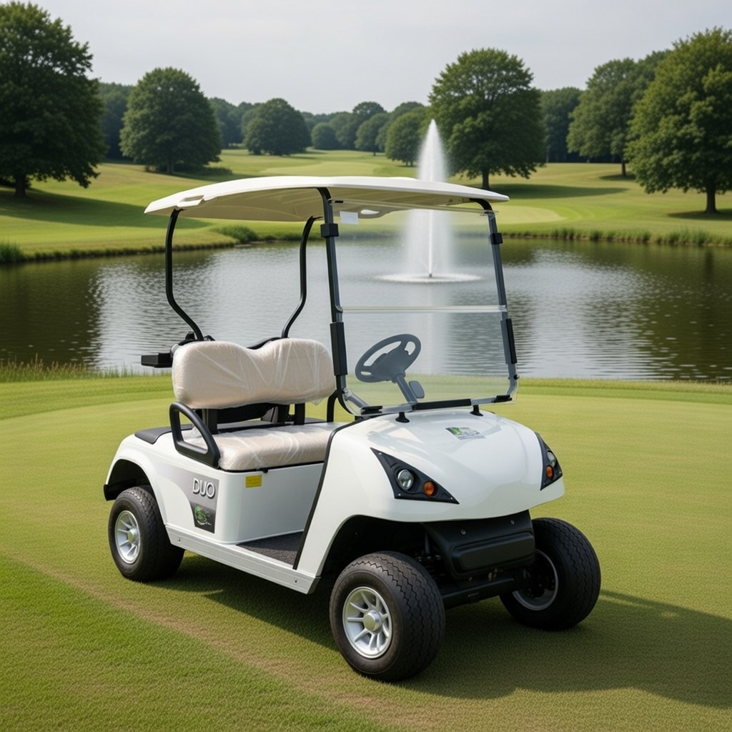 Powerhouse Duo white four-wheel golf buggy with two-person bench seat, roof, windscreen and steering wheel on grass