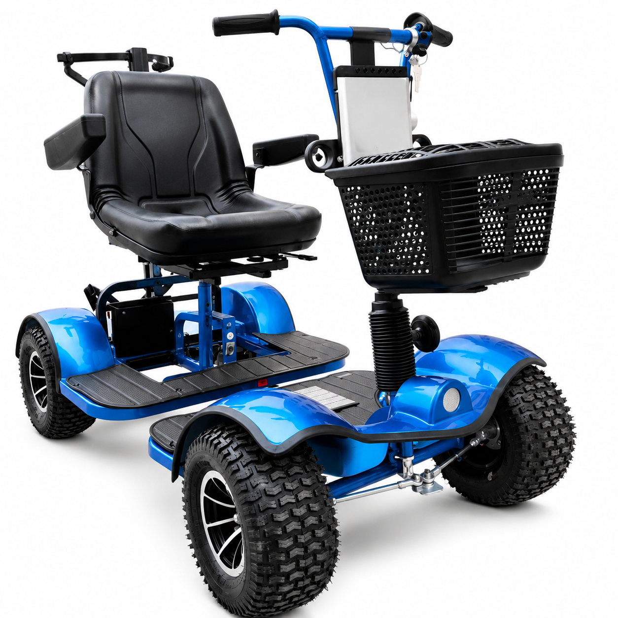 Powaglide Eagle blue four-wheel single-seat electric golf buggy with padded backrest and armrests on white background