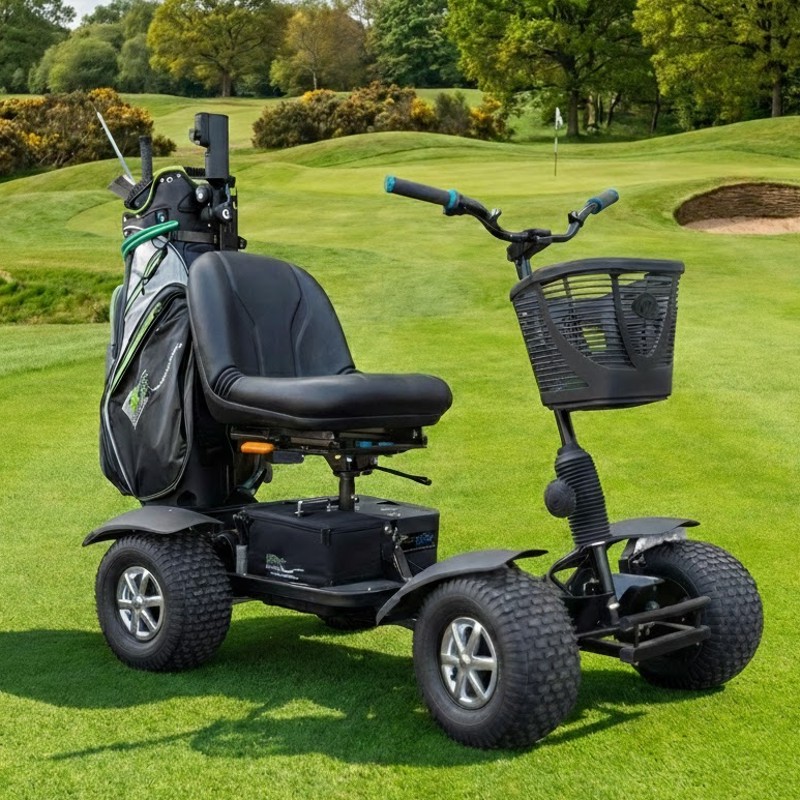 Powerhouse Titan Elite Lithium V2 black four-wheel single-seat golf buggy with handlebars on grass
