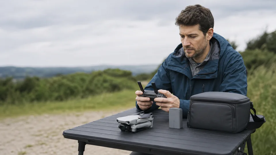 shopper comparing a compact camera drone, controller, battery and carry case before buying