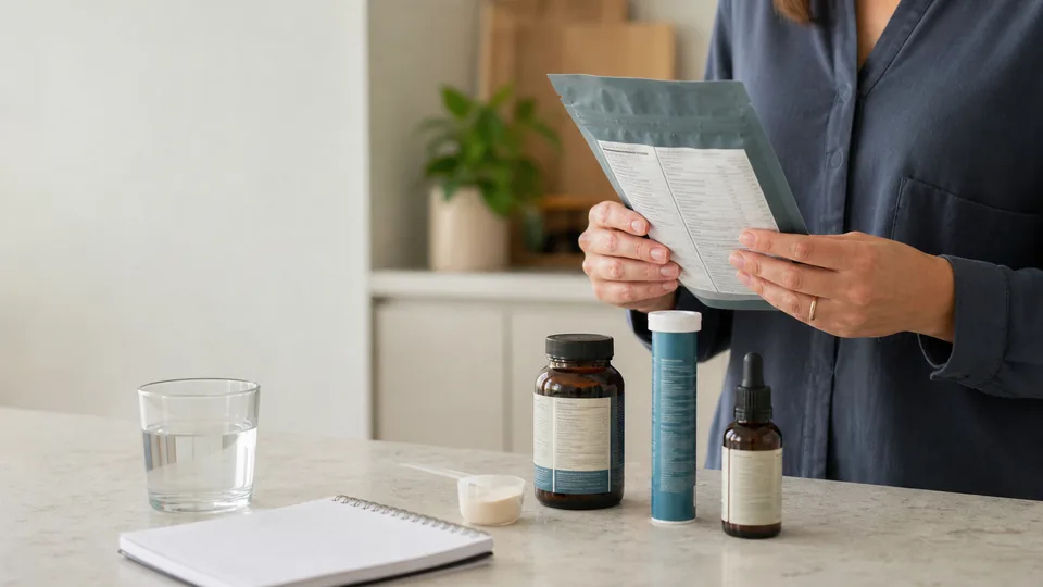 Supplement tubs, sachets and bottles arranged for a product-label comparison.