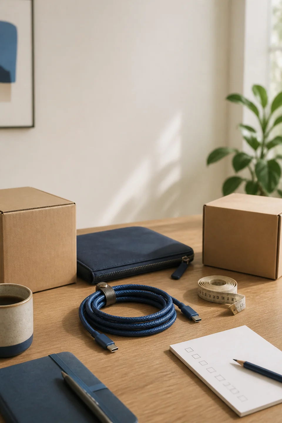 A braided USB-C cable and two unbranded parcels on a desk, illustrating a careful marketplace check.