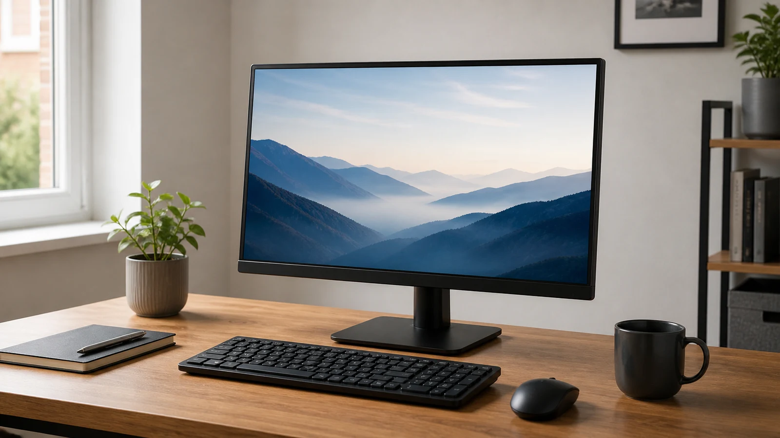 Photorealistic 27-inch monitor on a clean desk for a UK home-office productivity shortlist.