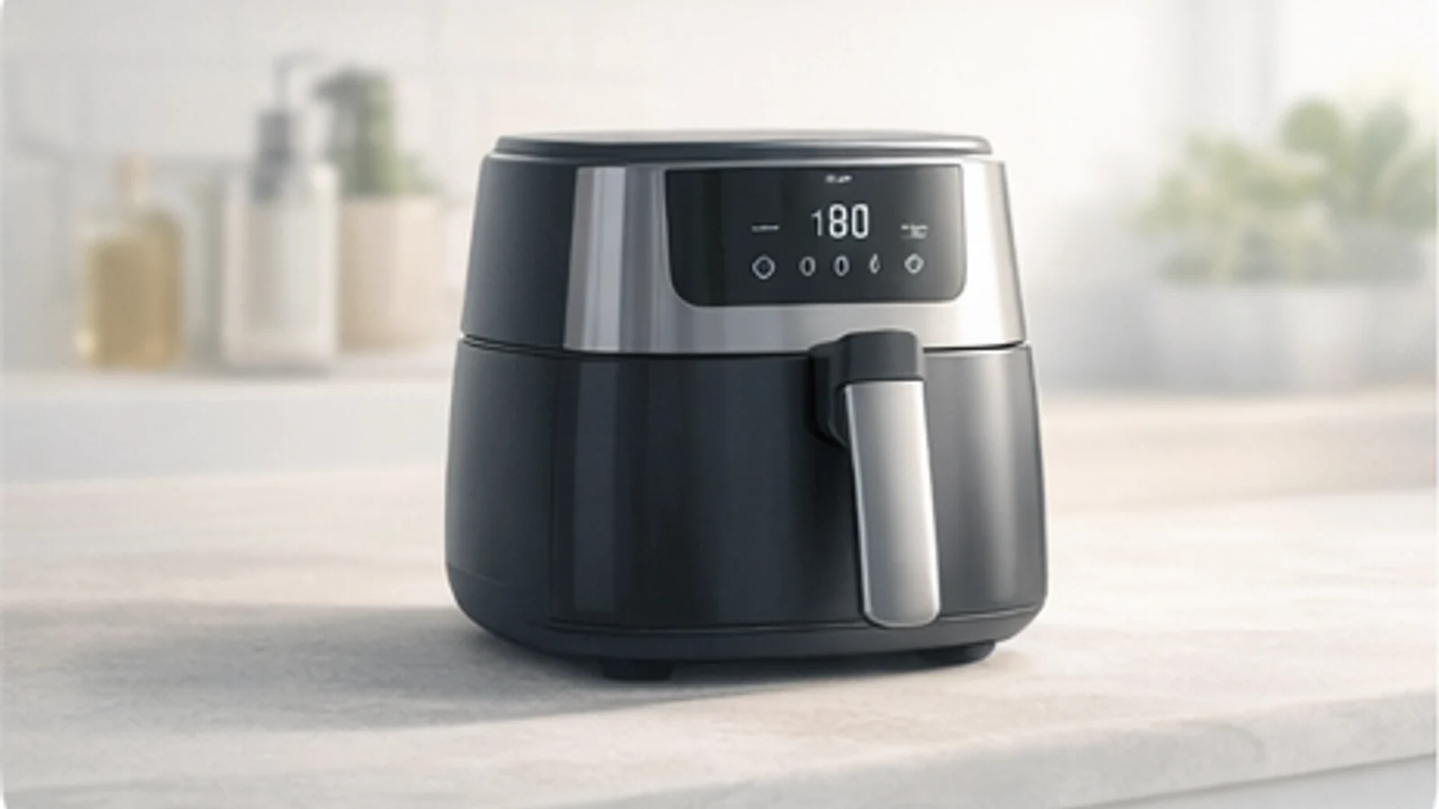 Photorealistic air fryers with sync finish for two food timings scene for a UK shortlist buying guide.