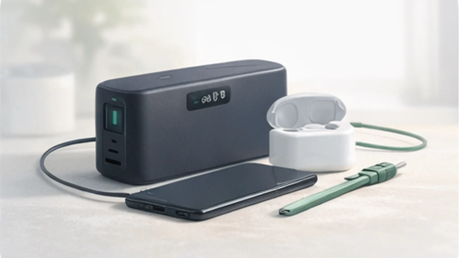 Photorealistic solar compatible power banks for hiking scene for a UK shortlist buying guide.