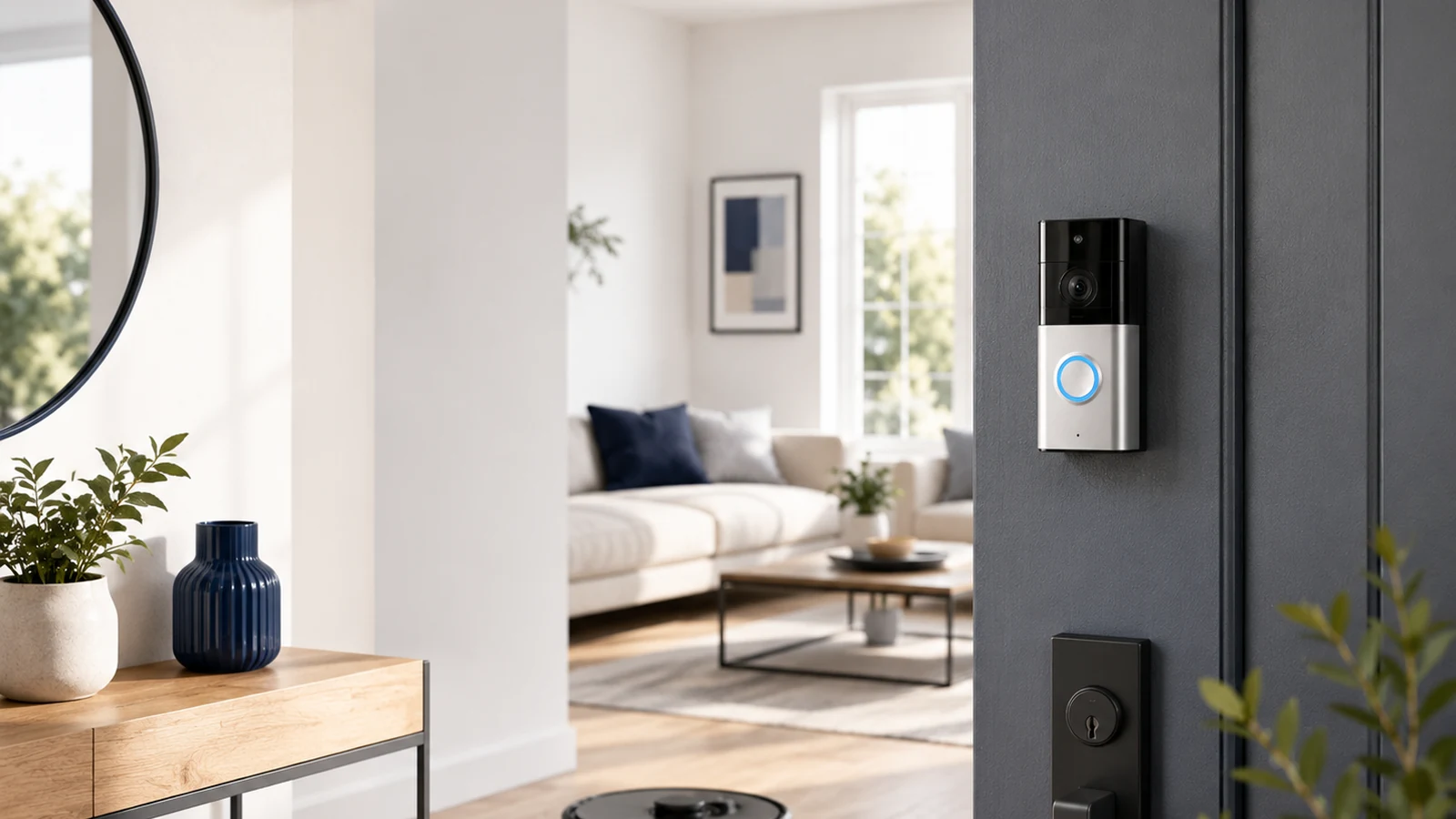 Minimal smart home entryway scene with security-focused devices.