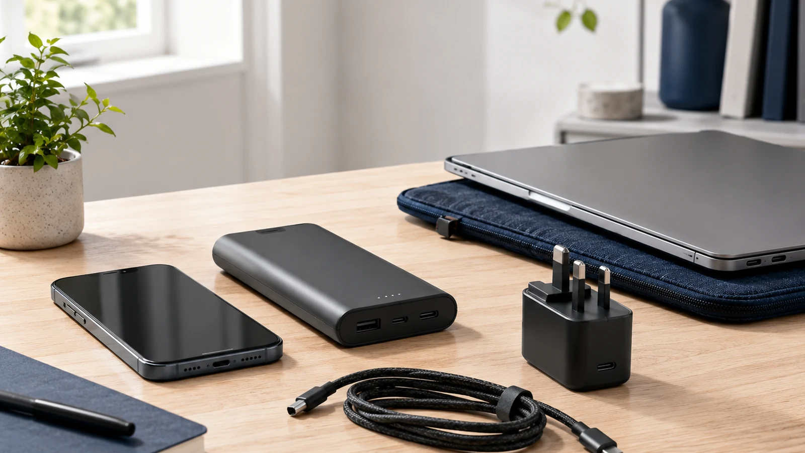 Portable tech accessories arranged on a clean work surface.