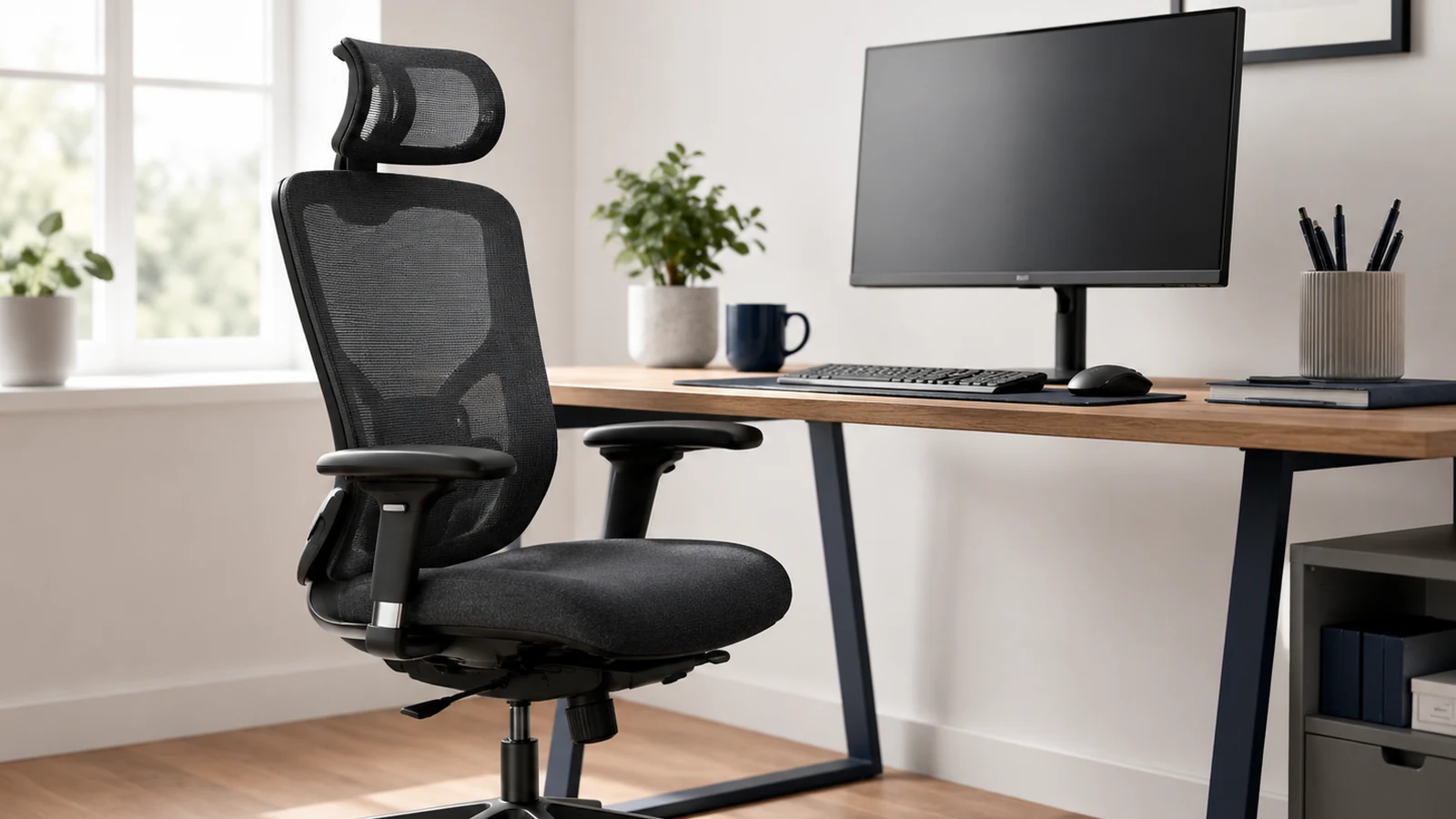 Calm home office setup with desk and productivity accessories.