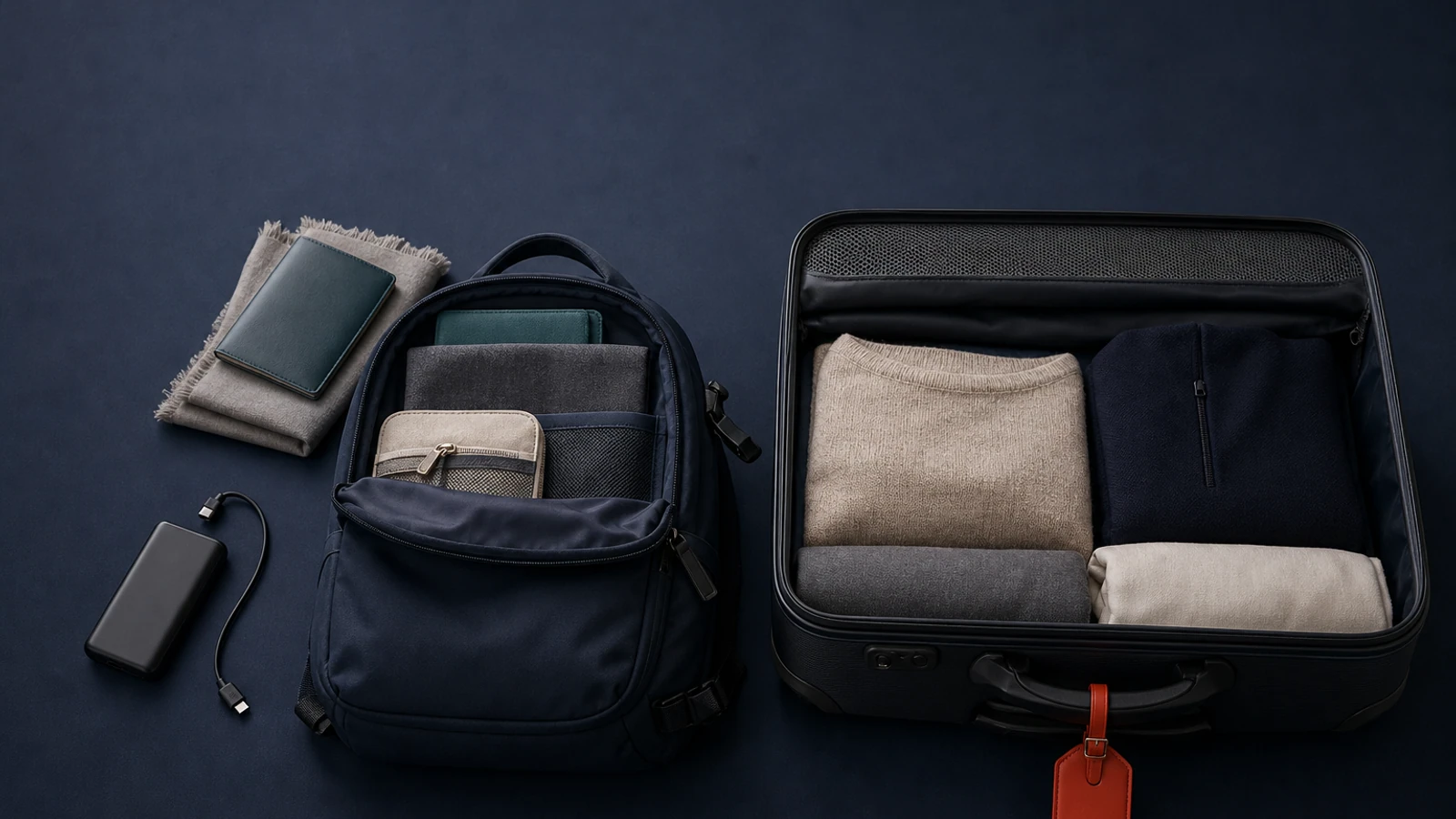An open cabin backpack beside a checked suitcase, with a power bank placed next to the cabin bag.