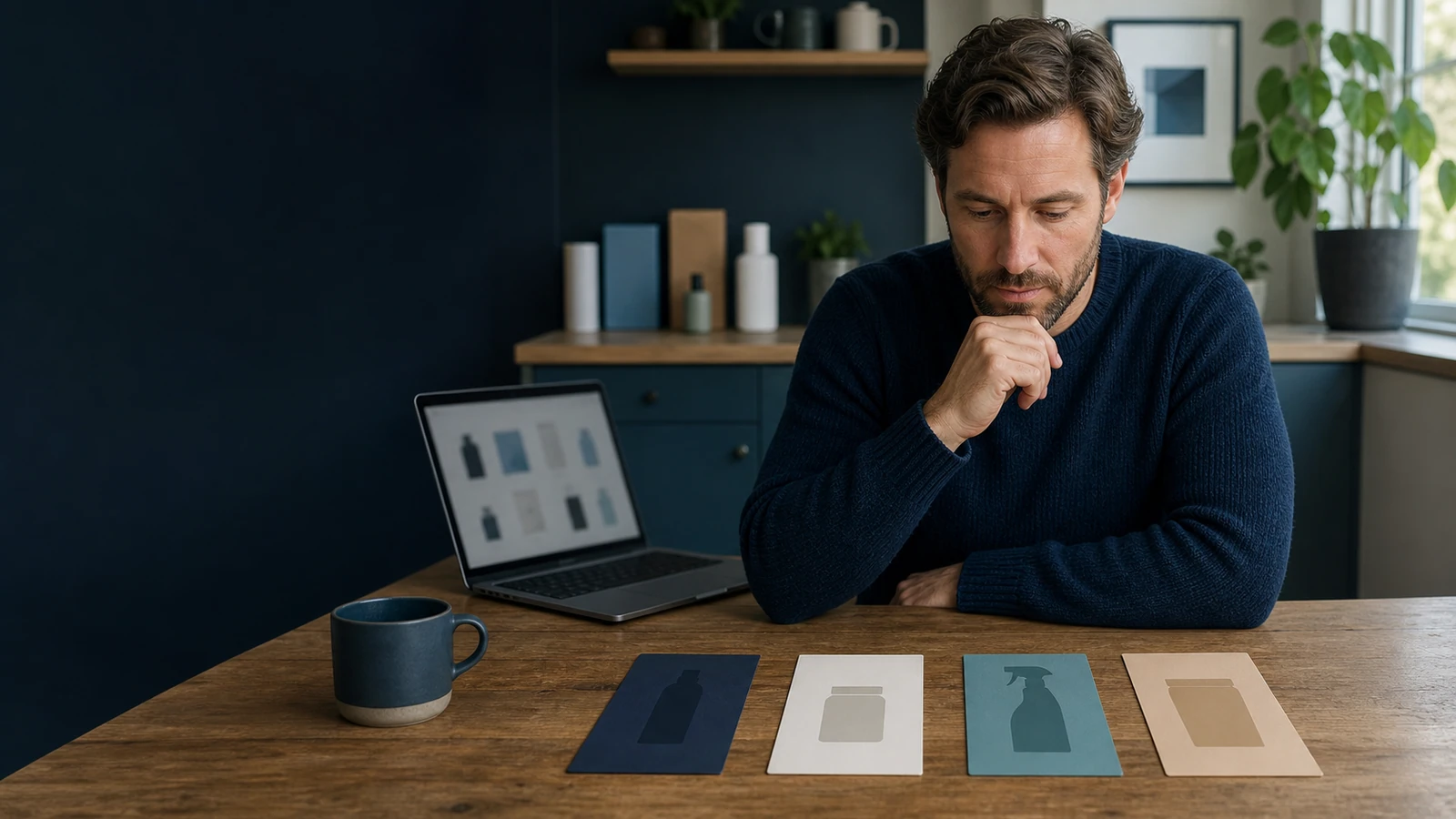 A consumer at a kitchen table calmly comparing exactly four unbranded option cards.