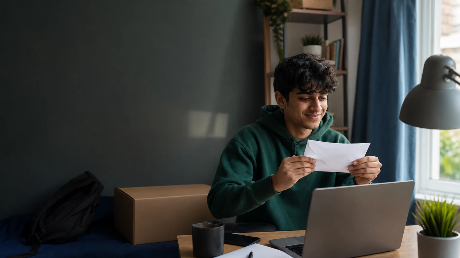 A student considering a laptop decision beside four UK Shortlists route prompts.