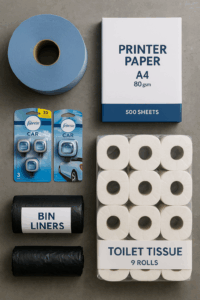 “Flat-lay of blue centrefeed roll, printer paper box, Febreze car fresheners, toilet tissue and bin liners on a steel workbench.”