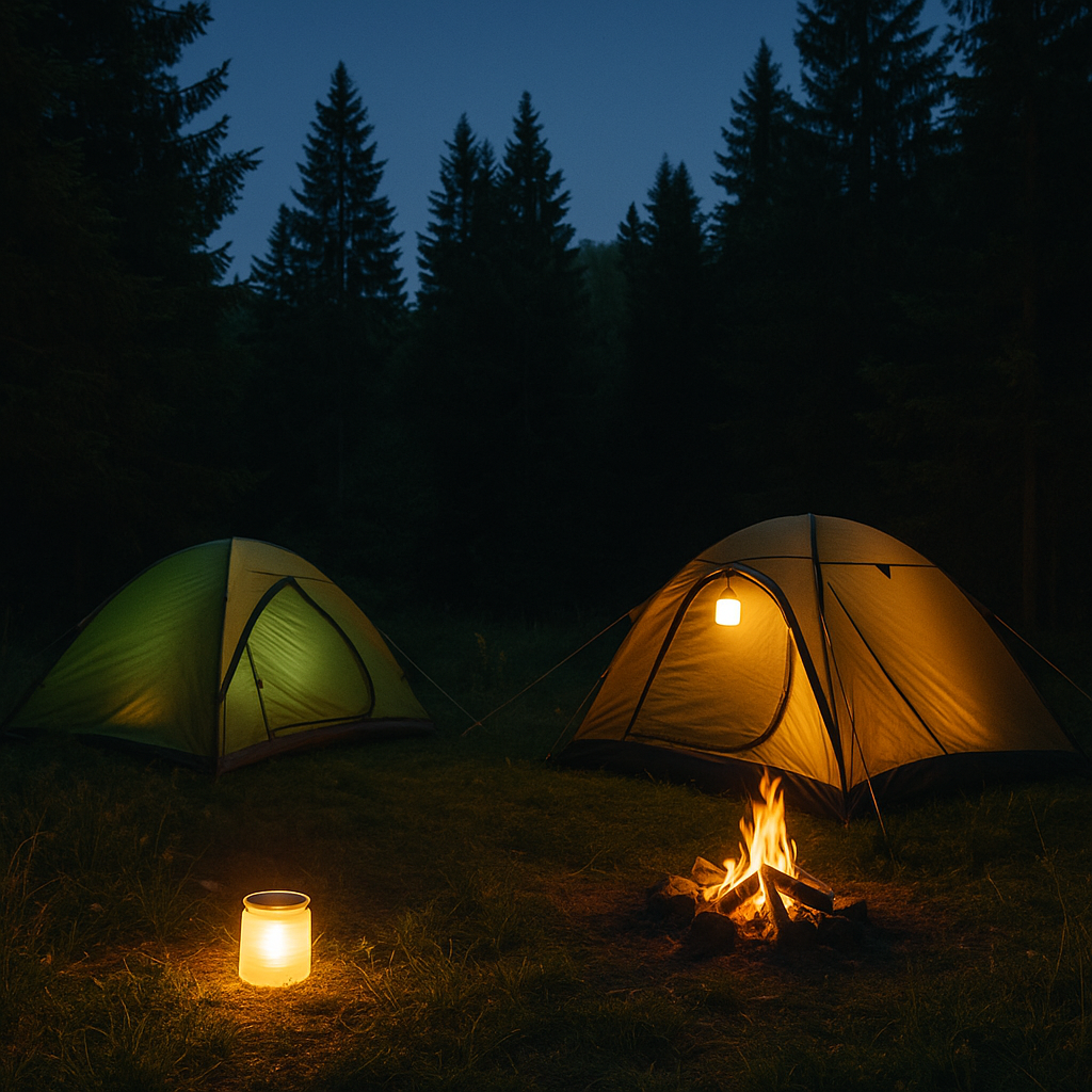 A campsite at dusk lit by solar lanterns beneath eco tents surrounded by forest.
