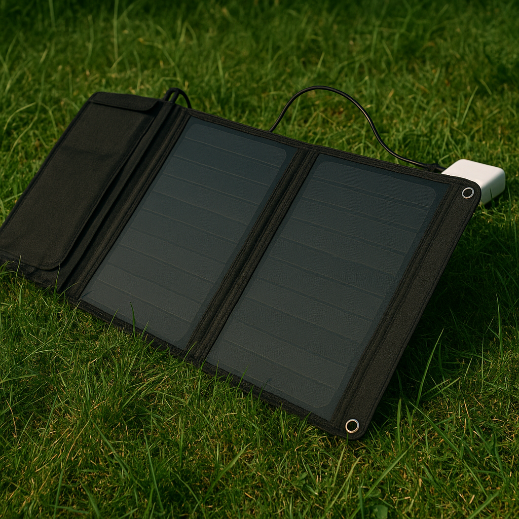 Portable solar panel placed on grass powering camping electronics.
