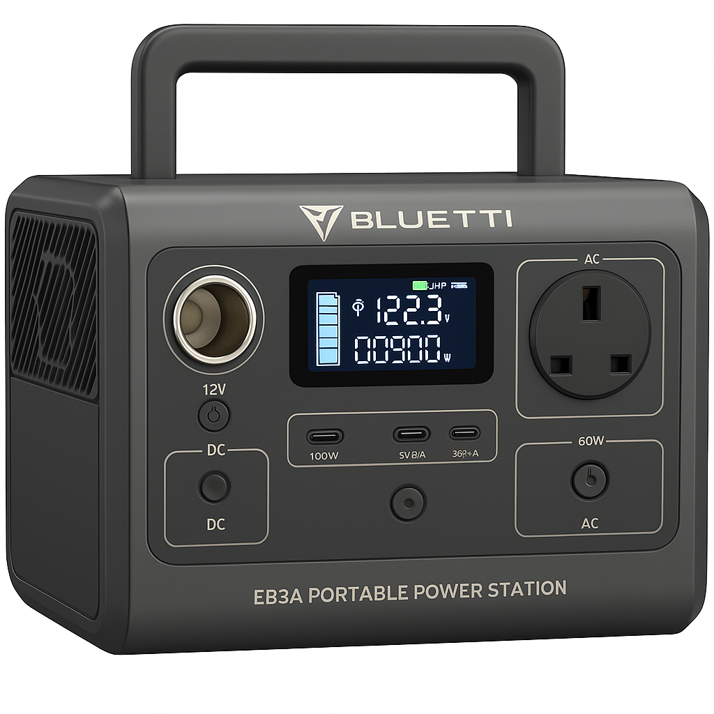 Front view of the BLUETTI EB3A showing ports and LCD display