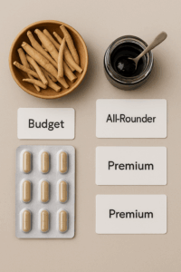 Flat-lay on a neutral beige background showing a wooden bowl of dried ashwagandha roots, a glass jar of black shilajit resin with a spoon, and a blister pack of tan capsules beside cards labelled Budget, All-Rounder and Premium
