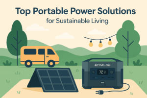 Campervan with solar panels and EcoFlow power station in a grassy field