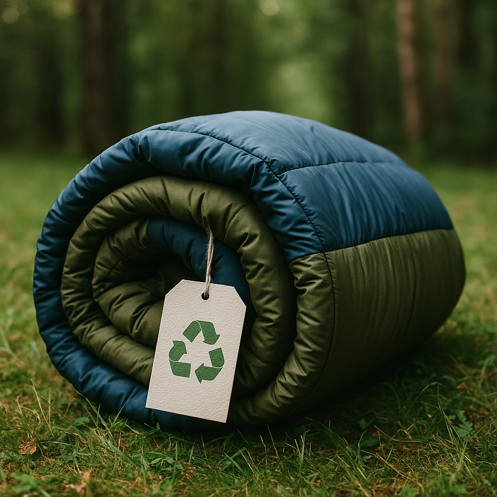 A rolled-up sleeping bag with a visible eco-certified label placed on forest ground.