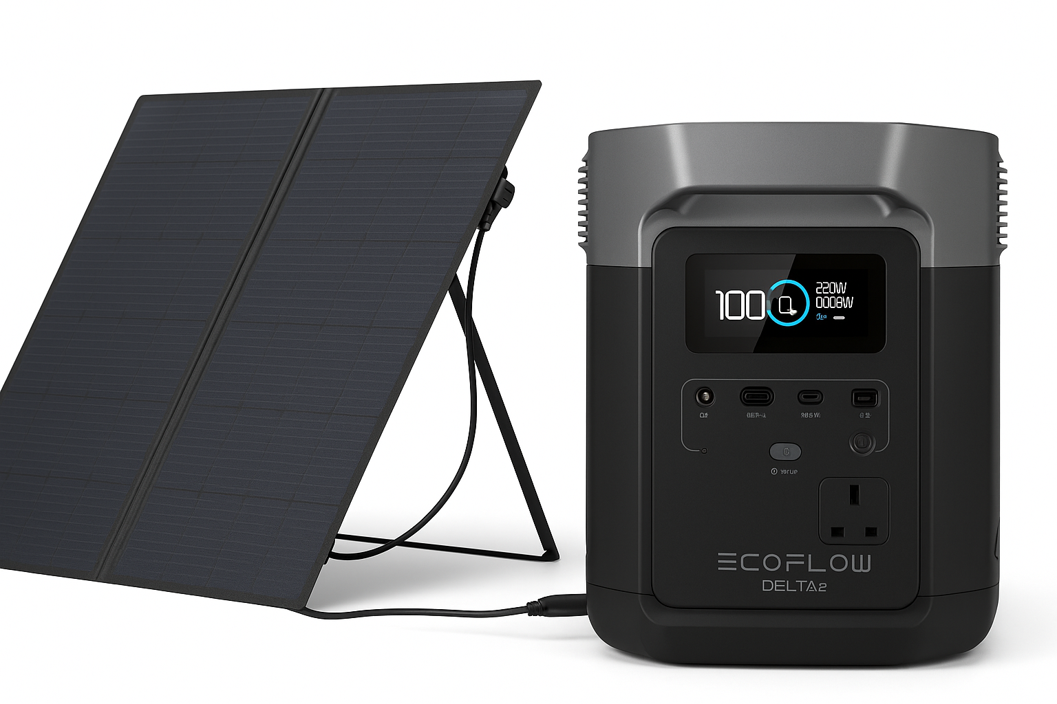 EcoFlow DELTA 2 power station with 220W solar panel side-by-side