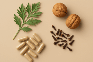 Flat-lay photo of beige capsules, fresh wormwood leaves, walnuts and dried cloves on a cream background.