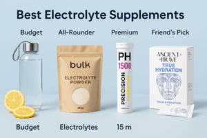 Flat-lay on pale blue background showing water bottle with lemon slices, Bulk electrolyte pouch, Precision Hydration PH 1500 tube and Ancient + Brave True Hydration sachet box.