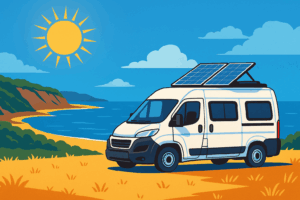 Illustration of a white campervan parked on a coastal cliff with tilting solar panels on its roof under a bright sun.