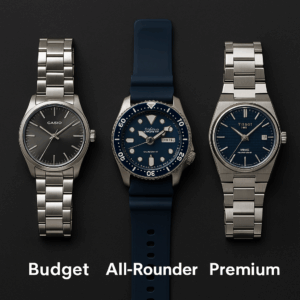 Flat-lay photo of three men’s wristwatches on a matte black background: a minimalist Casio on the left labelled ‘Budget’, a blue-dial Seiko diver in the centre labelled ‘All-Rounder’, and a brushed-steel Tissot PRX on the right labelled ‘Premium’.