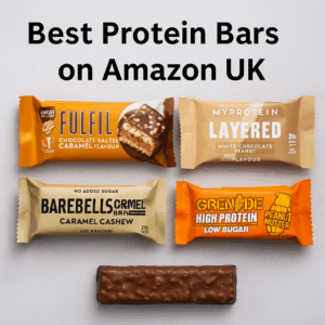 Flat-lay of four packaged protein bars—FULFIL chocolate salted caramel, Myprotein Layered white choc peanut, Barebells caramel cashew, Grenade Peanut Nutter—on a grey surface with headline text above.