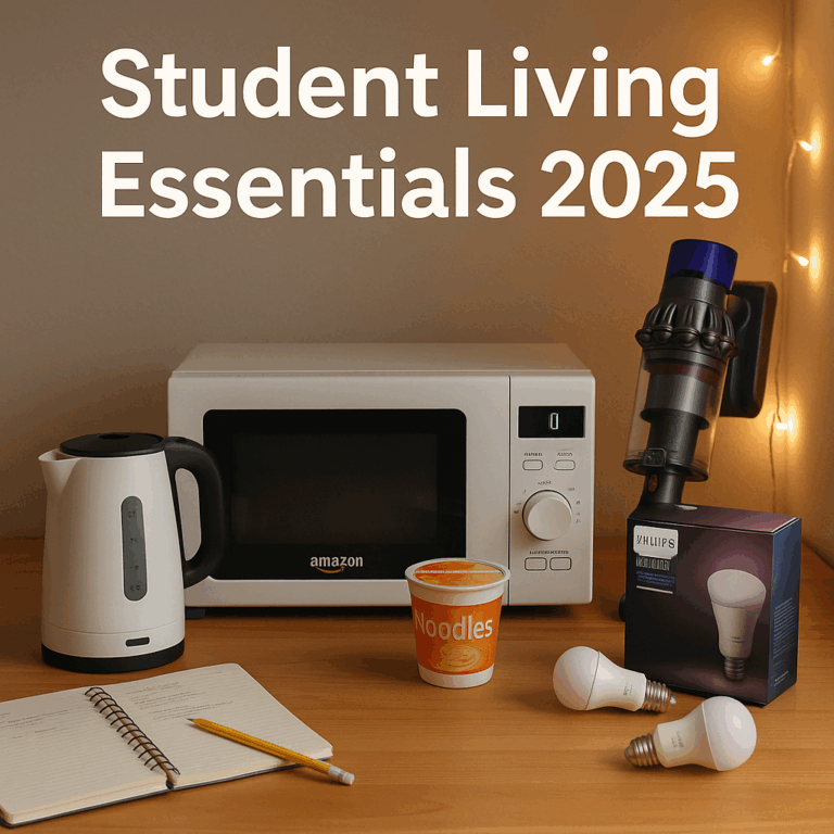 “Student living essentials for 2025 – compact kettle, microwave, cordless vacuum and smart lights on a student desk.”