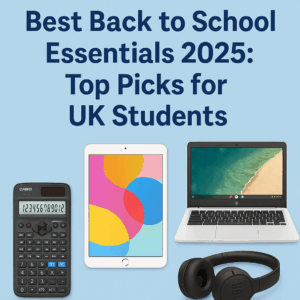 Shortlists 7 Back to School Essentials 2025 – Casio calculator, Apple iPad, HP Chromebook and JBL headphones on light blue background