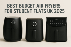 Shortlists 8 Four compact budget air fryers for UK students on light backdrop, 2025