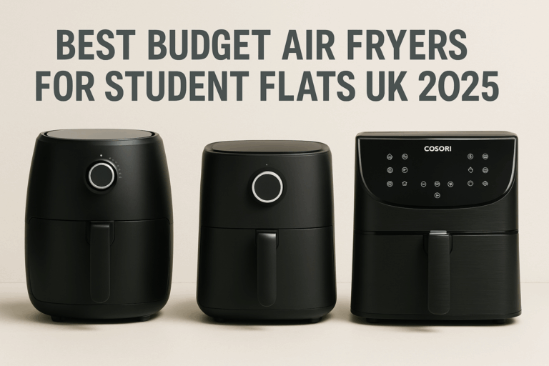 Four compact budget air fryers for UK students on light backdrop, 2025