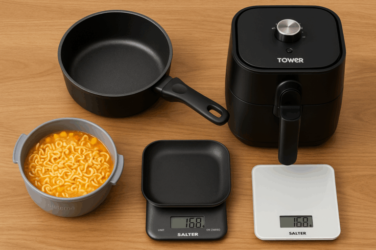 Flat-lay of a compact student kitchen setup including noodle bowl, saucepan, air fryer and digital scales on wooden counter.