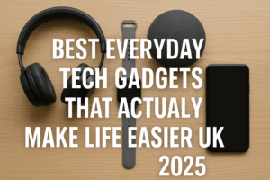 Shortlists 2 Flat lay of everyday tech gadgets including headphones, smartwatch, smart speaker, and smartphone on wooden surface with bold title text overlay.