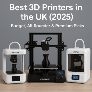Shortlists 1 Three 3D printers (WEEFUN Tina2, Creality Ender-3 V3 SE, and WEEFUN Tina2S WiFi) displayed side by side with the title “Best 3D Printers in the UK (2025)” in bold text.