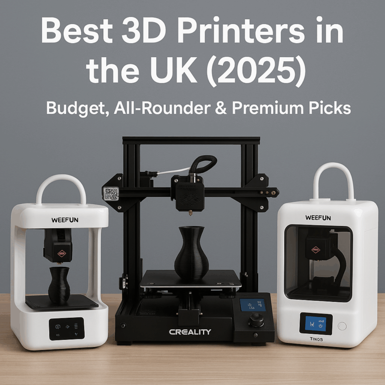 Three 3D printers (WEEFUN Tina2, Creality Ender-3 V3 SE, and WEEFUN Tina2S WiFi) displayed side by side with the title “Best 3D Printers in the UK (2025)” in bold text.